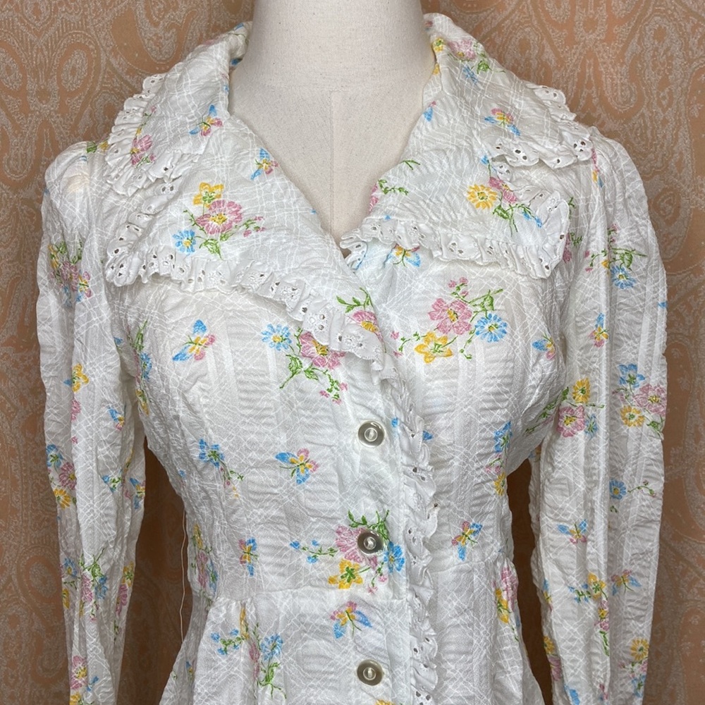 1970’s lacy floral and butterfly printed button up dress